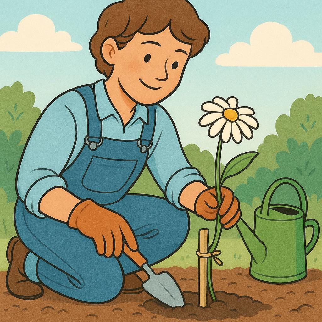 Une illustration colorée de livre d'histoires d'un jeune jardinier utilisant soigneusement un tuteur en bois pour soutenir la tige d'une fleur flétrie dans un parterre de jardin.