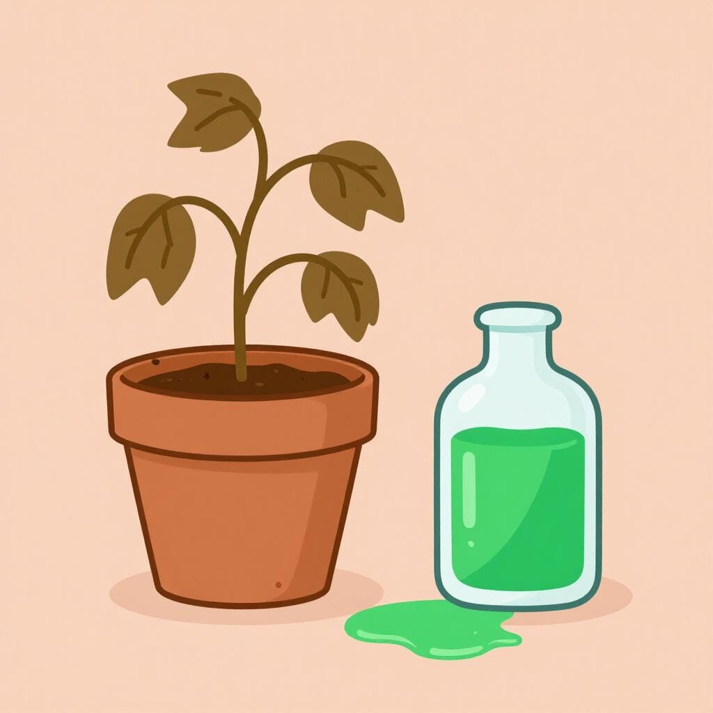 Uma planta murcha e marrom ao lado de uma garrafa de líquido tóxico que derramou.