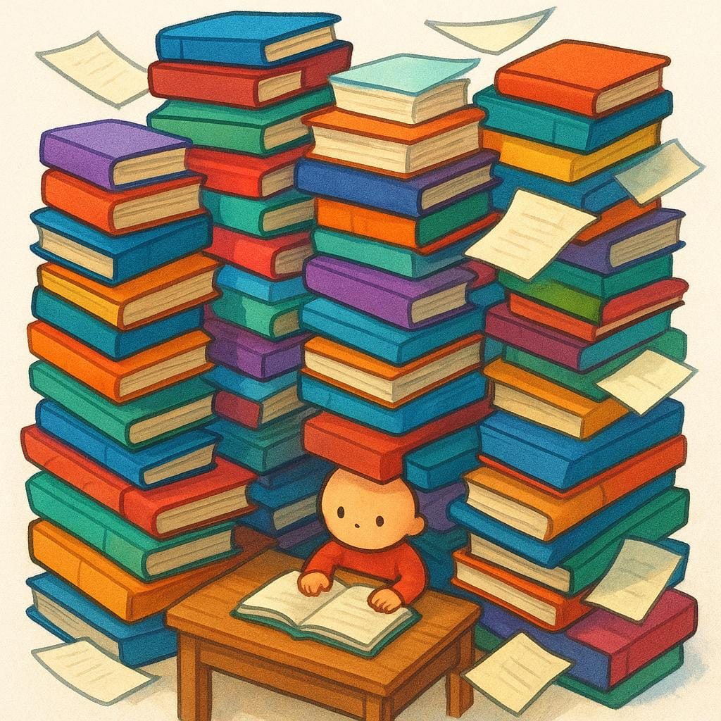 Une petite silhouette simple assise à un bureau en bois, complètement submergée sous des piles imposantes et colorées de livres, de papiers et de dossiers, symbolisant la surcharge d'informations.