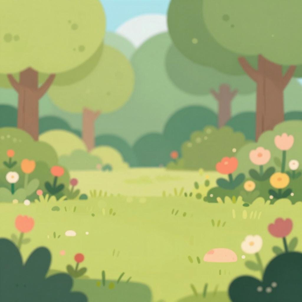 A colorful garden scene where the flowers and trees are soft and out of focus, appearing hazy and indistinct.