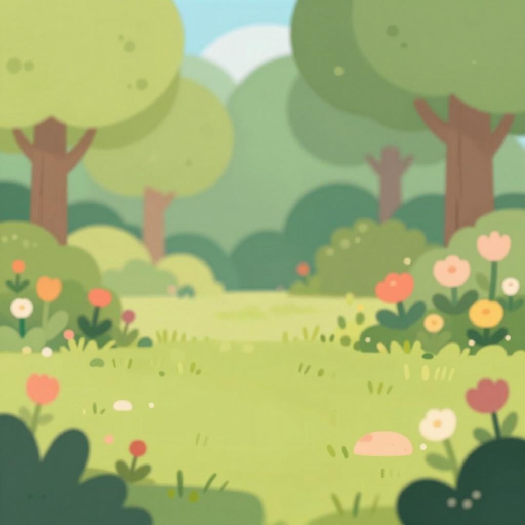 A colorful garden scene where the flowers and trees are soft and out of focus, appearing hazy and indistinct.