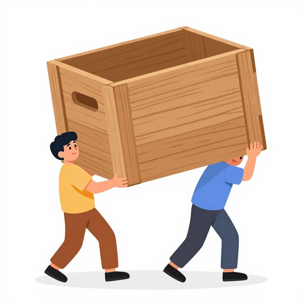 A person helping another person by lifting one side of a heavy wooden crate.