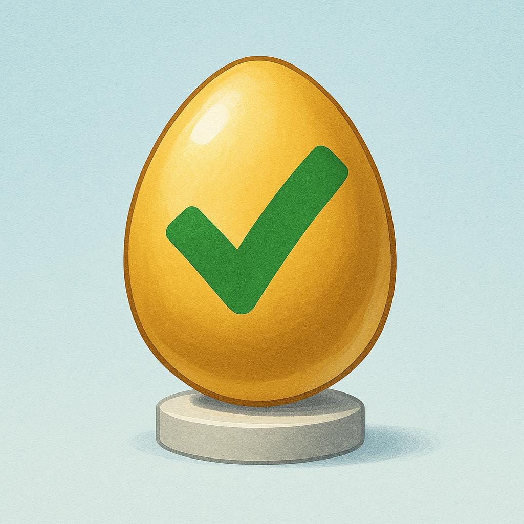 A perfect, smooth golden egg sitting on a small pedestal, featuring a prominent, large green checkmark stamped clearly onto its side, symbolizing verification and proof.