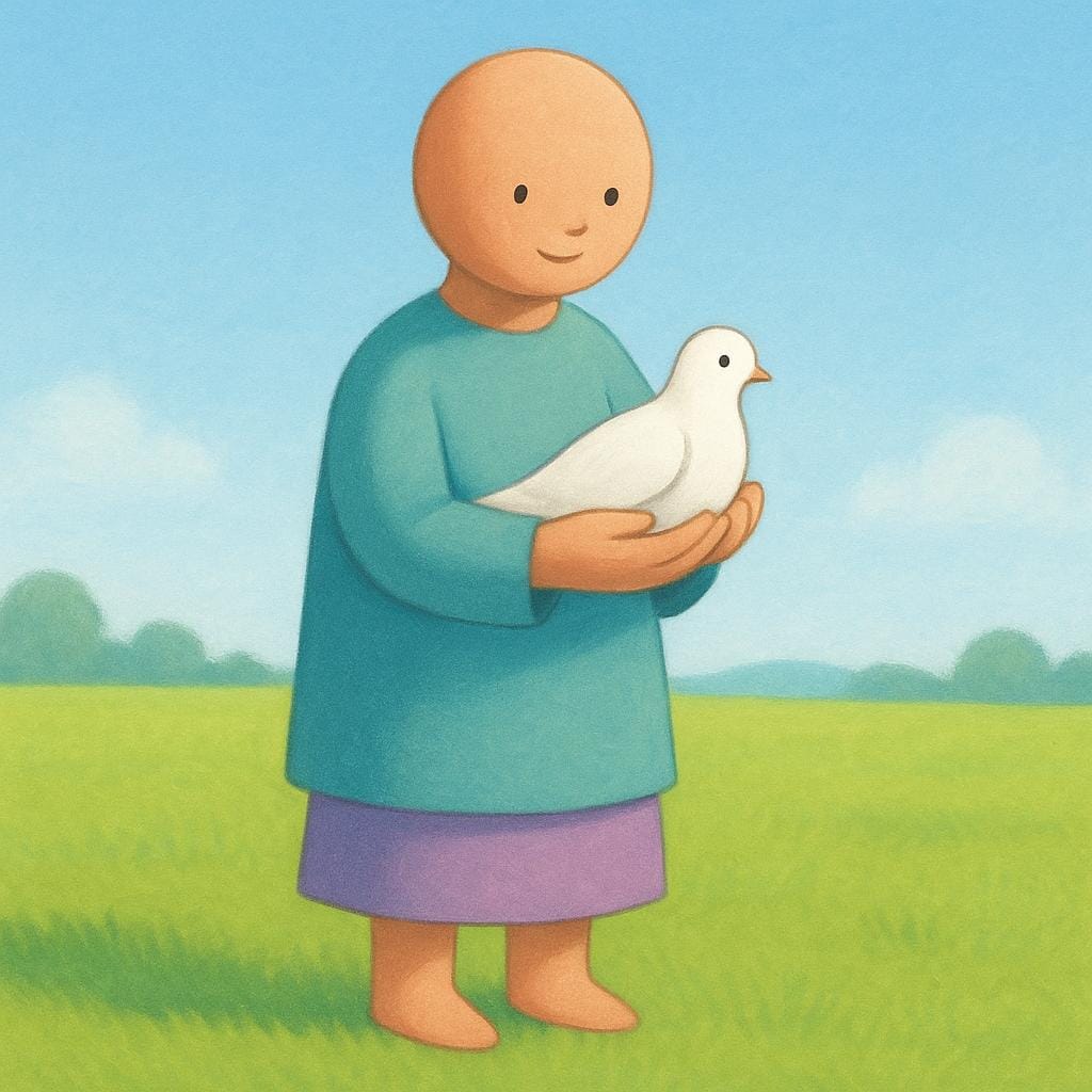 A simple illustration of a person standing in a bright field, holding a white dove, symbolizing innocence and freedom from guilt.