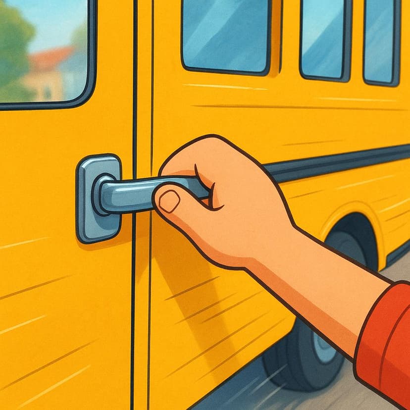 A cartoon hand is reaching out and successfully grasping the metal handle of a moving bus door, illustrating the action of catching transportation.