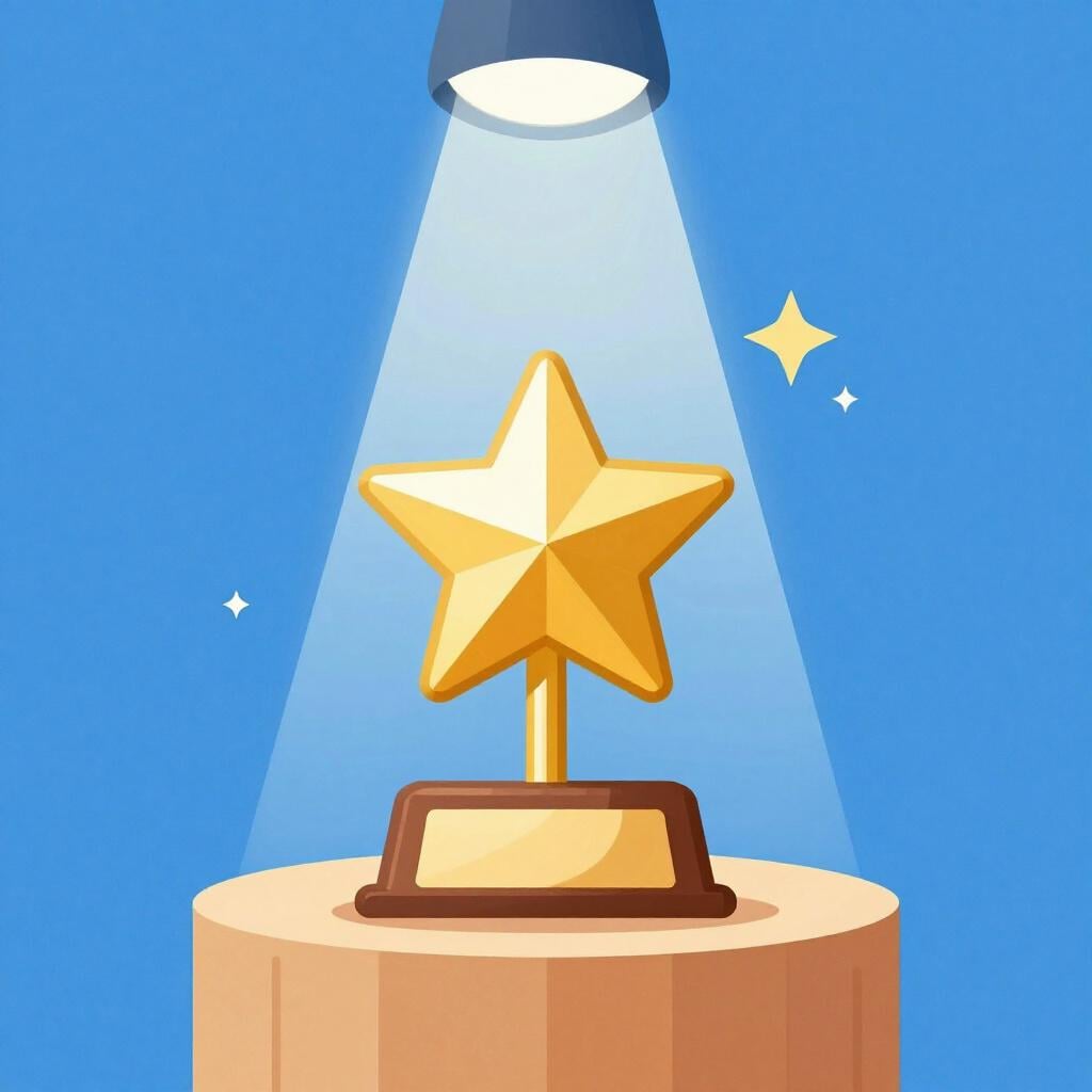 A golden trophy shaped like a star sitting on a pedestal under a bright spotlight.