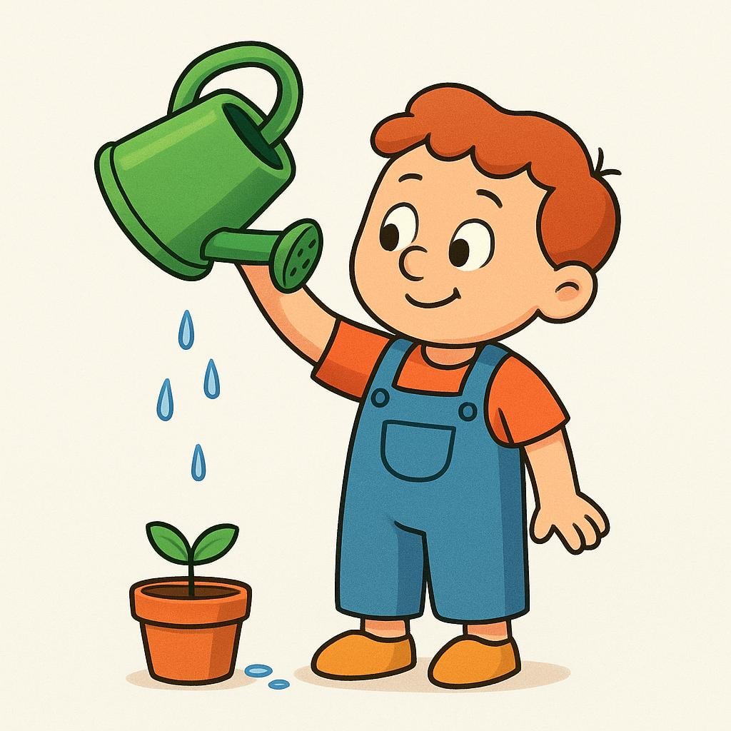 A colorful illustration of a confused character attempting a clearly illogical task: watering a small potted plant using an upside-down watering can.