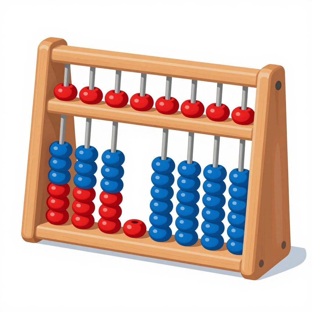 Eine bunte Bilderbuchillustration eines hölzernen Abakus mit bunten Perlen.