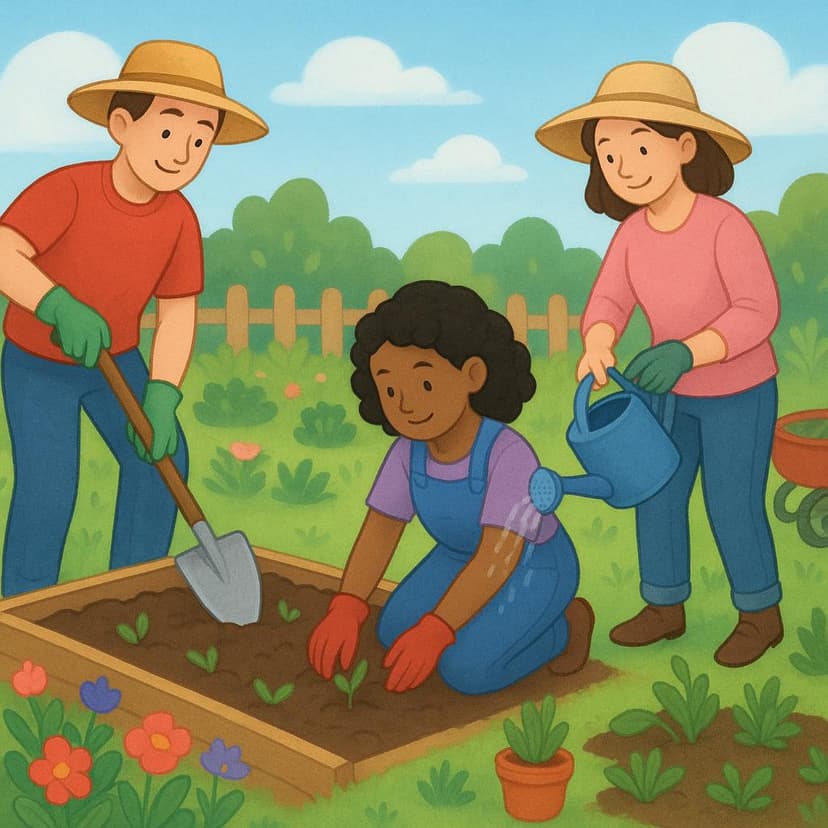 Eine farbenfrohe Illustration, die drei verschiedene Personen in einem Garten zeigt, die jeweils aktiv ein anderes Gartengerät benutzen: eine Schaufel, eine Gießkanne und eine Kelle.