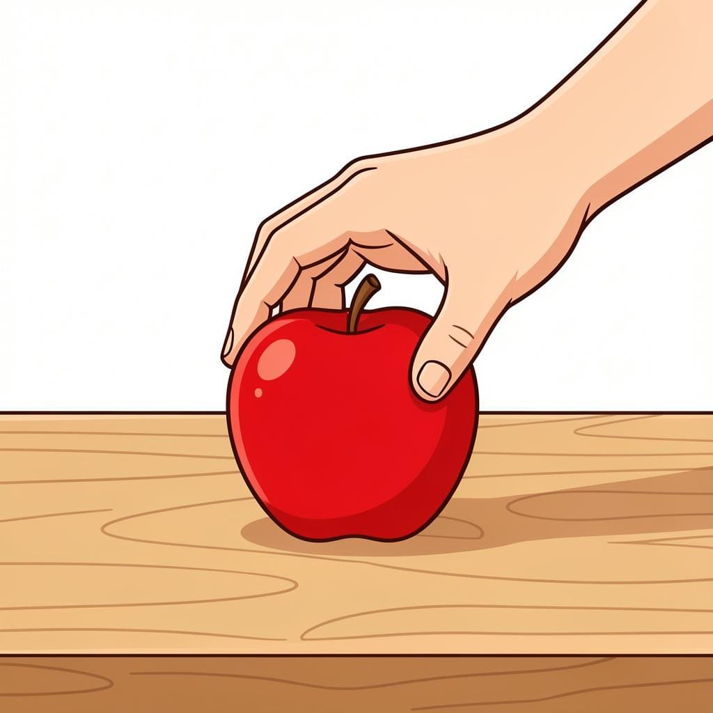 Uma mão se abaixando para pegar uma maçã vermelha de uma mesa de madeira.
