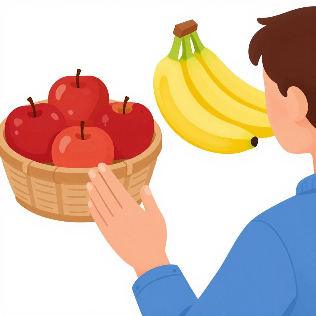 A person pointing to different parts of a colorful fruit basket while talking to a friend.
