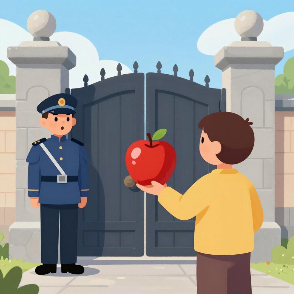 A person offering a shiny red apple to a stern-looking guard in front of a closed gate.