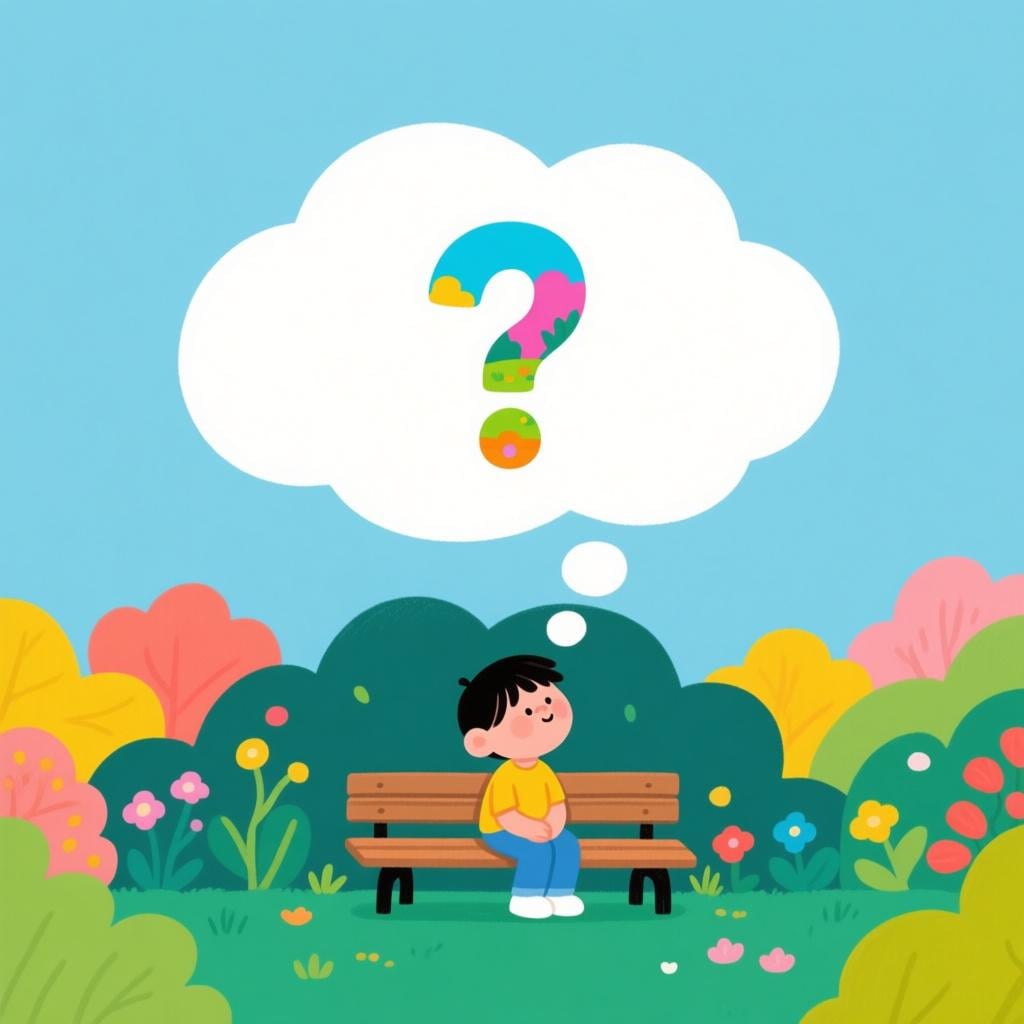 A cartoon figure sitting quietly on a park bench, looking thoughtful. A large thought bubble floats above their head containing a simple image of a bright red question mark.