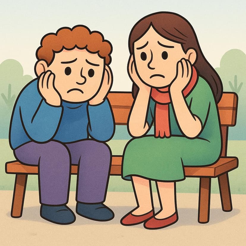 A colorful storybook illustration showing two simple, distinct figures sitting side-by-side. Both figures appear distressed, holding their heads in their hands with pronounced worried expressions.