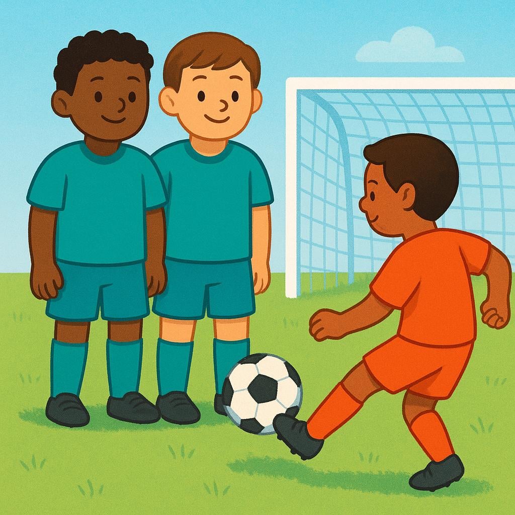 Two soccer players wearing the same team jersey stand side-by-side, successfully blocking an opposing player's movement near a goal net.