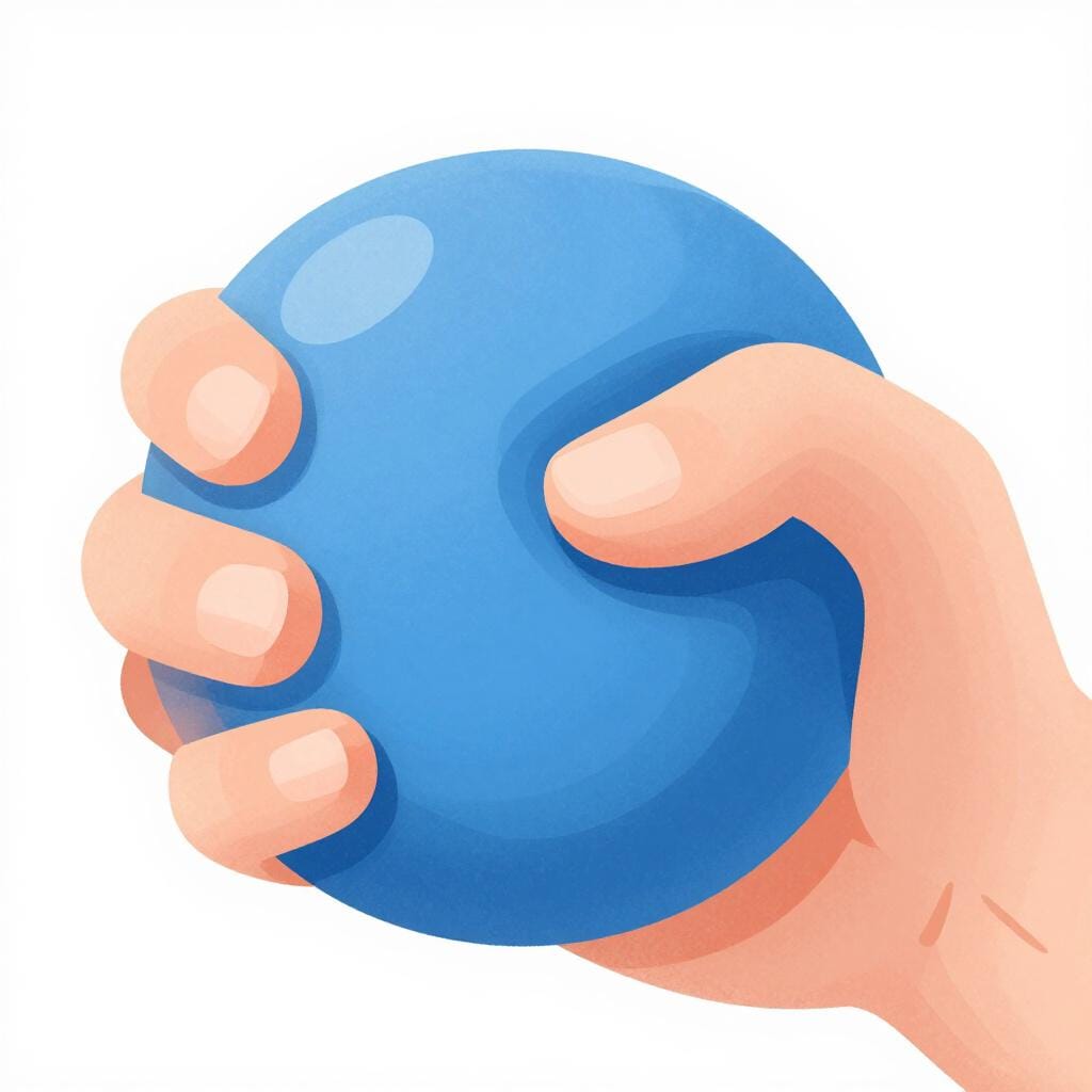 Een hand die een zachte, blauwe rubberen bal samendrukt, waardoor deze tussen de vingers uitpuilt.