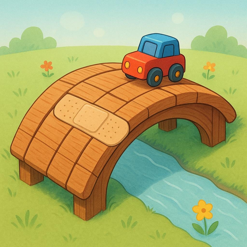 A small, wooden toy bridge that was previously broken is now perfectly functional, held together by a single white adhesive bandage applied to the break.