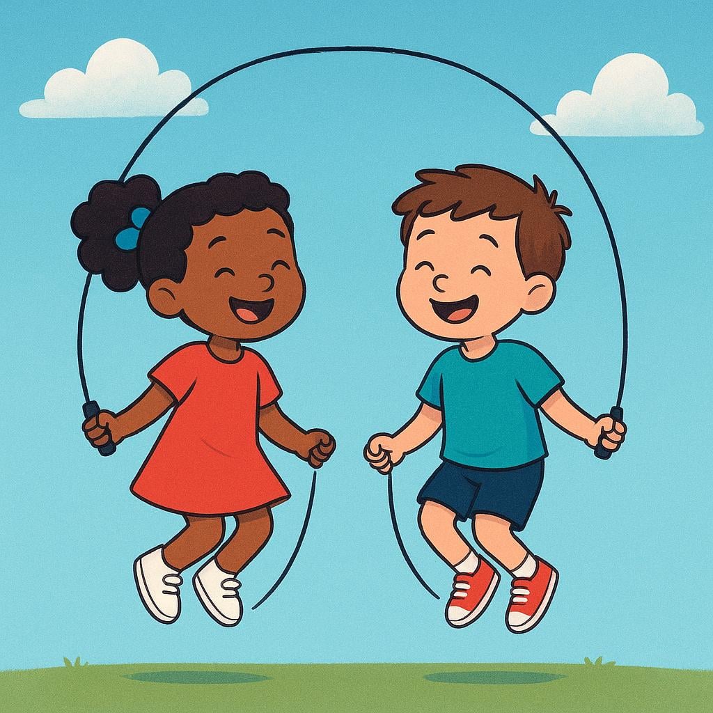 Two energetic children simultaneously skipping rope outdoors, showing continuous, synchronized movement.
