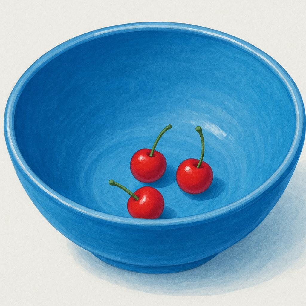 커다란 빈 도자기 그릇이 나무 테이블 위에 놓여 있습니다. 그릇 바닥에는 작은 빨간 체리 세 개만 있어 양이 매우 적음을 보여줍니다.