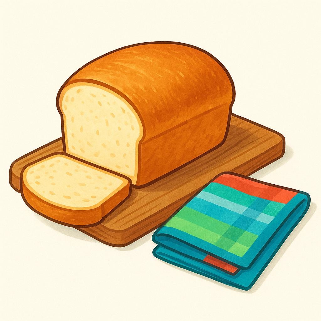 A perfectly baked, golden-brown loaf of bread resting cooling on a wooden cutting board next to a colorful kitchen towel.
