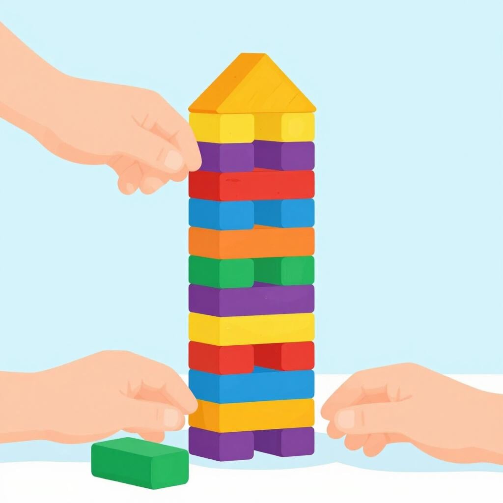 カラフルな木製ブロックで背の高い塔を再び積み上げている人。