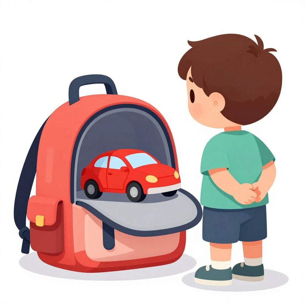 A child looking at a colorful toy that is inside someone else's backpack.