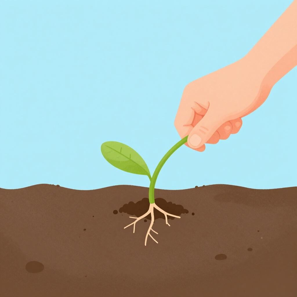 A hand pulling a single weed out of a clean, green garden bed by the root.