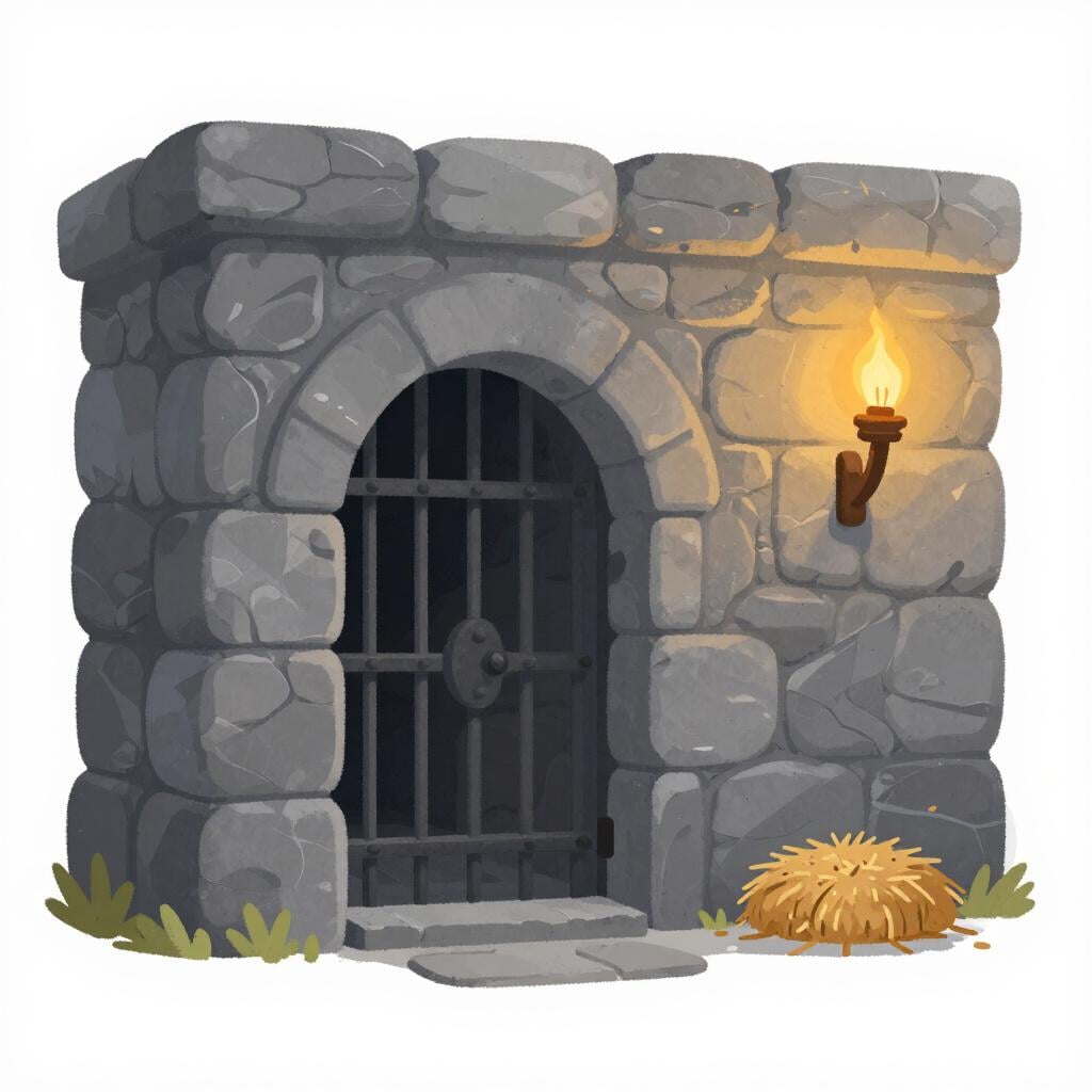 A dark, stone dungeon cell with iron bars and a small torch on the wall.