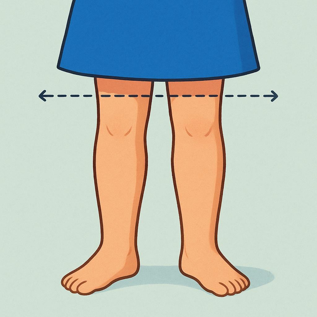 A person wearing a skirt that visibly ends exactly at the knee level, illustrating physical extent.