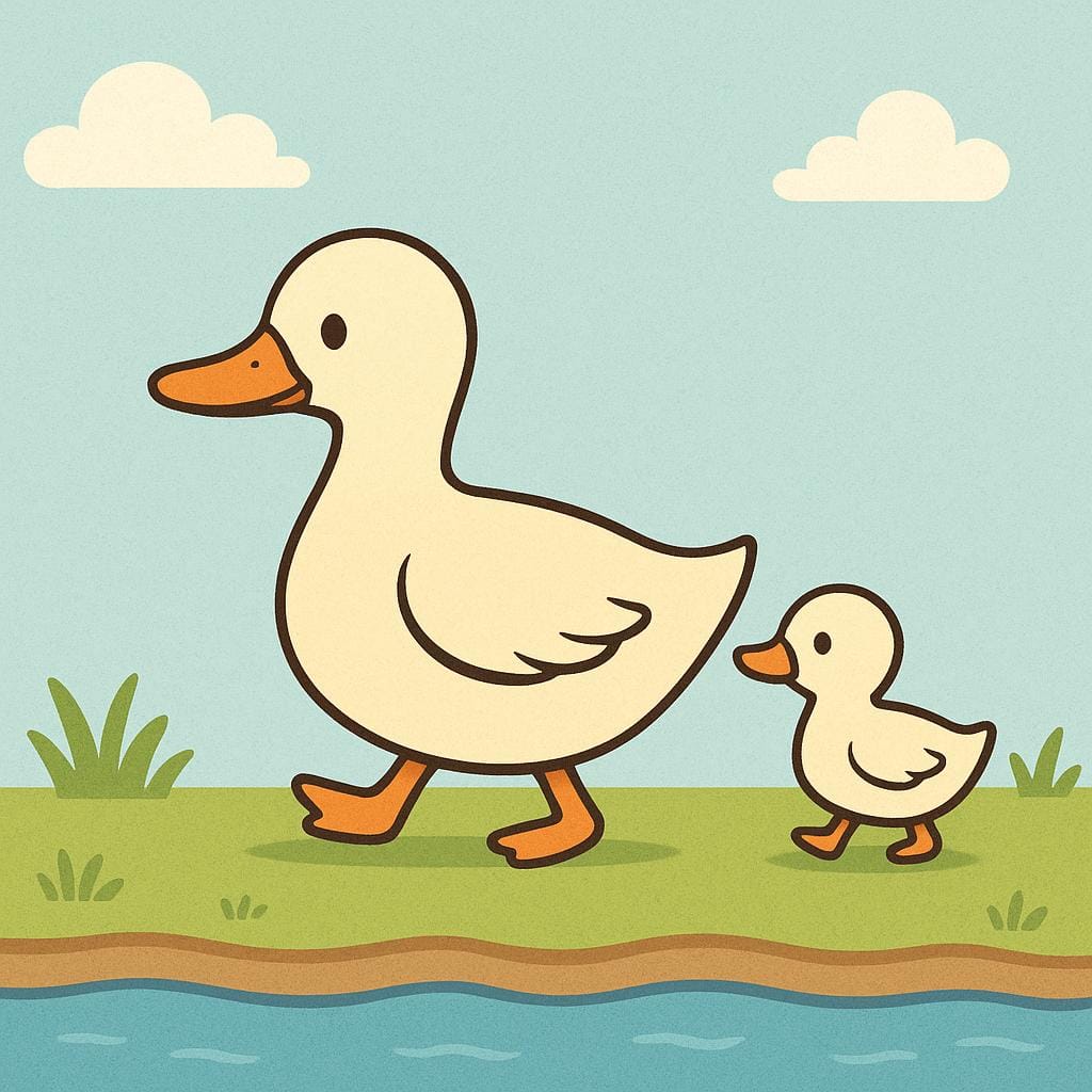 A small yellow duckling walking directly behind a large brown mother duck, illustrating the continuous action of following.