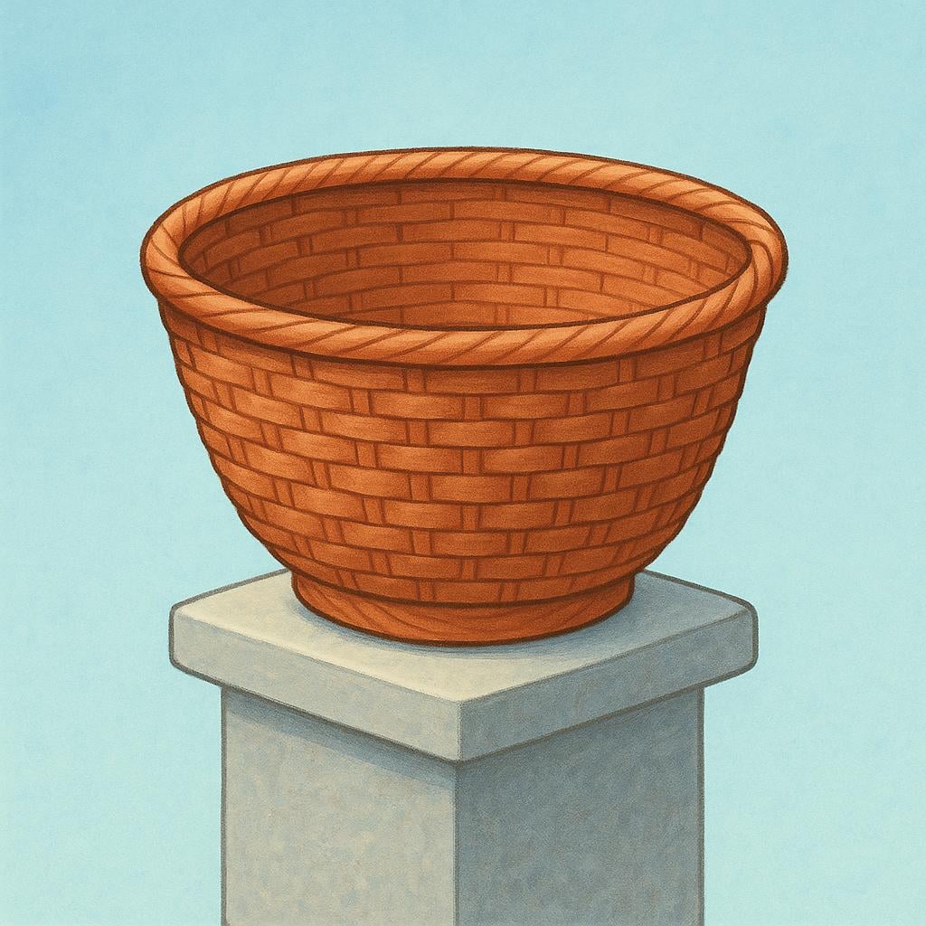 A large, open empty basket sitting on a table next to a sign that says 'Help Yourself', symbolizing availability.