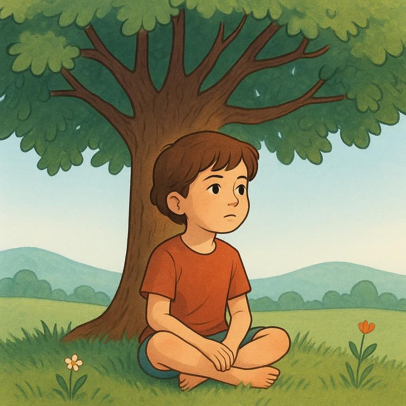 A child sitting quietly under a tree, looking upward with a thoughtful and contemplative expression, suggesting they are forming a guess or hypothesis.