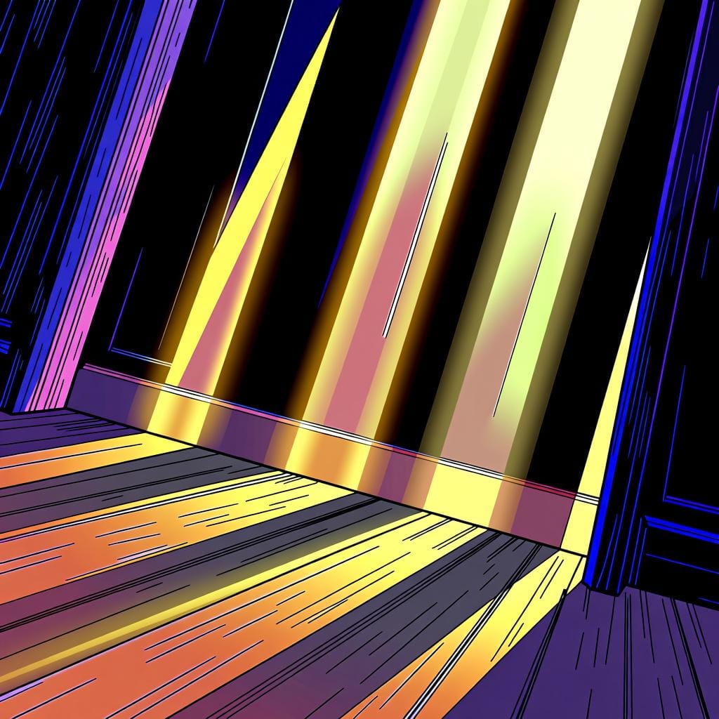 Multiple strong, defined rays of sunlight streaming across a wooden floor.