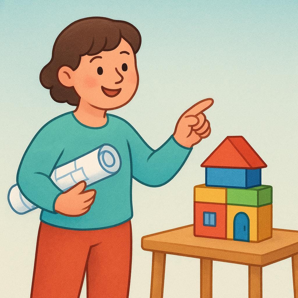 A stylized illustration of a person holding a rolled-up blueprint, pointing towards a small, brightly colored model of a house built from toy blocks, symbolizing future planning and arrangements.
