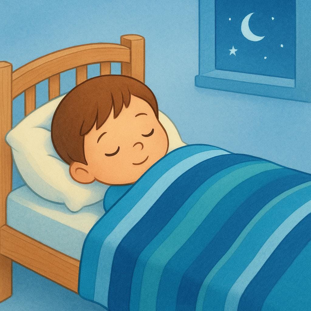 A young child is sleeping soundly in a cozy bed, covered by a blanket and hugging a teddy bear.