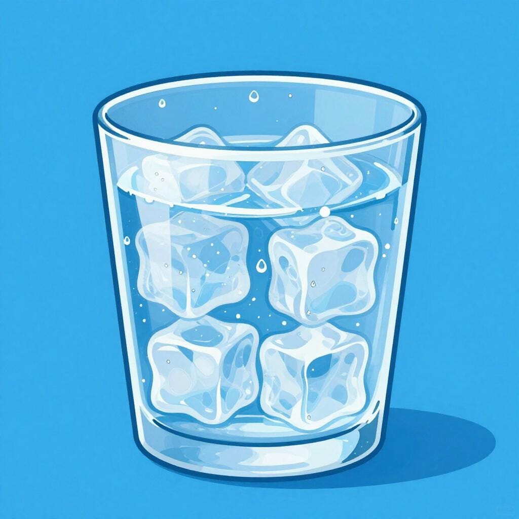 A glass of water with several ice cubes inside and condensation on the outside.