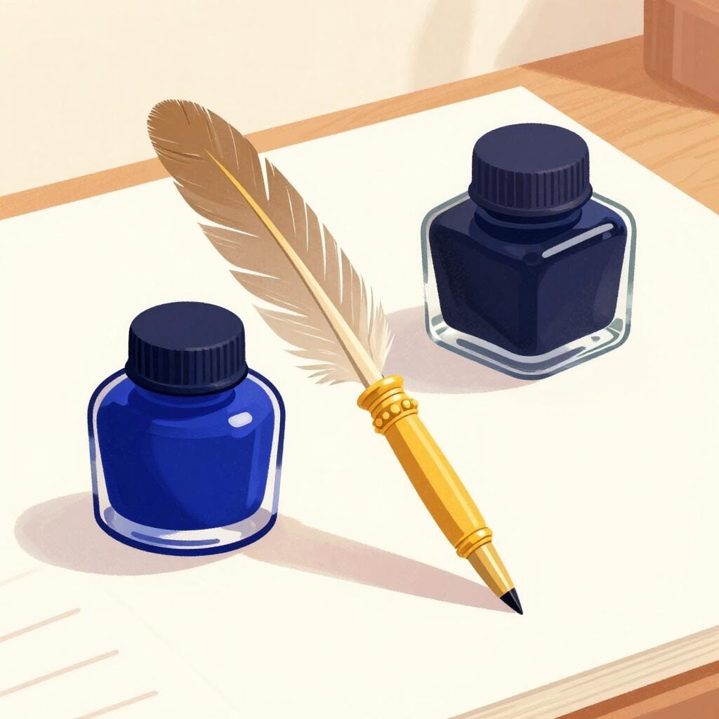A large, friendly, colorful ink bottle next to a single large quill pen.