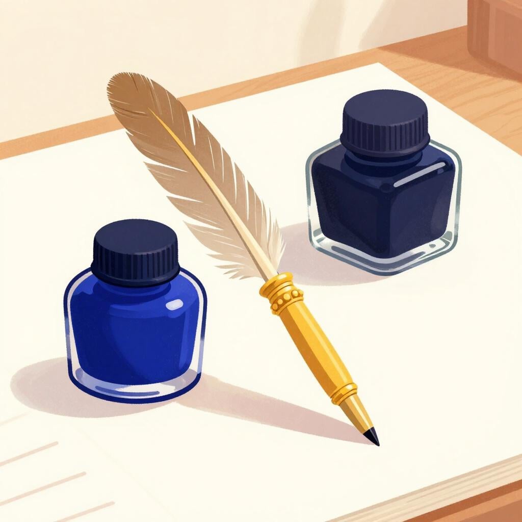 A large, friendly, colorful ink bottle next to a single large quill pen.