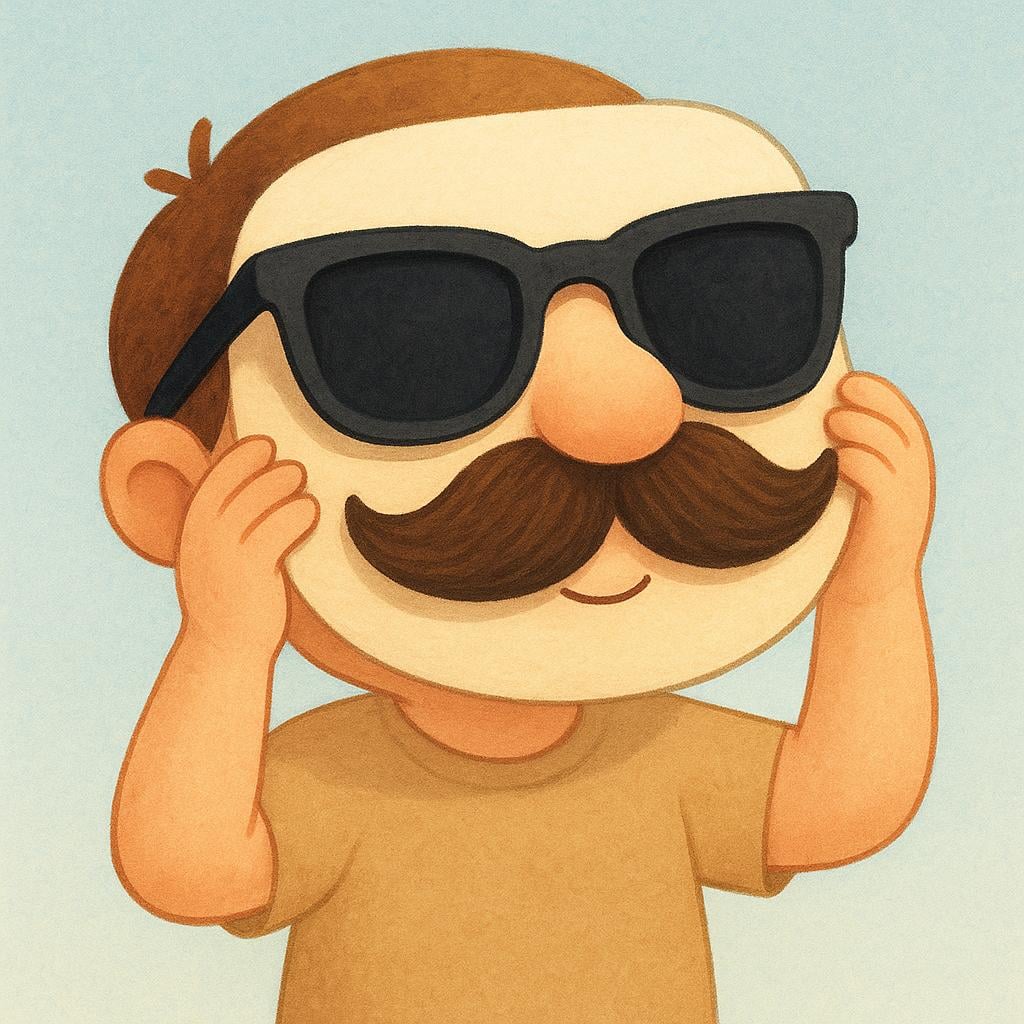 A simple storybook character wearing a large pair of dark glasses and a bushy fake mustache, illustrating a disguise or assumed name.