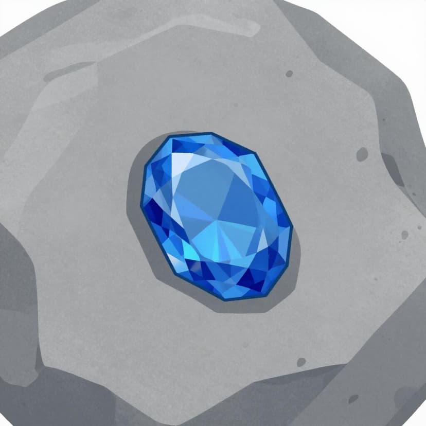 A shiny blue gemstone firmly set into a rough grey rock.