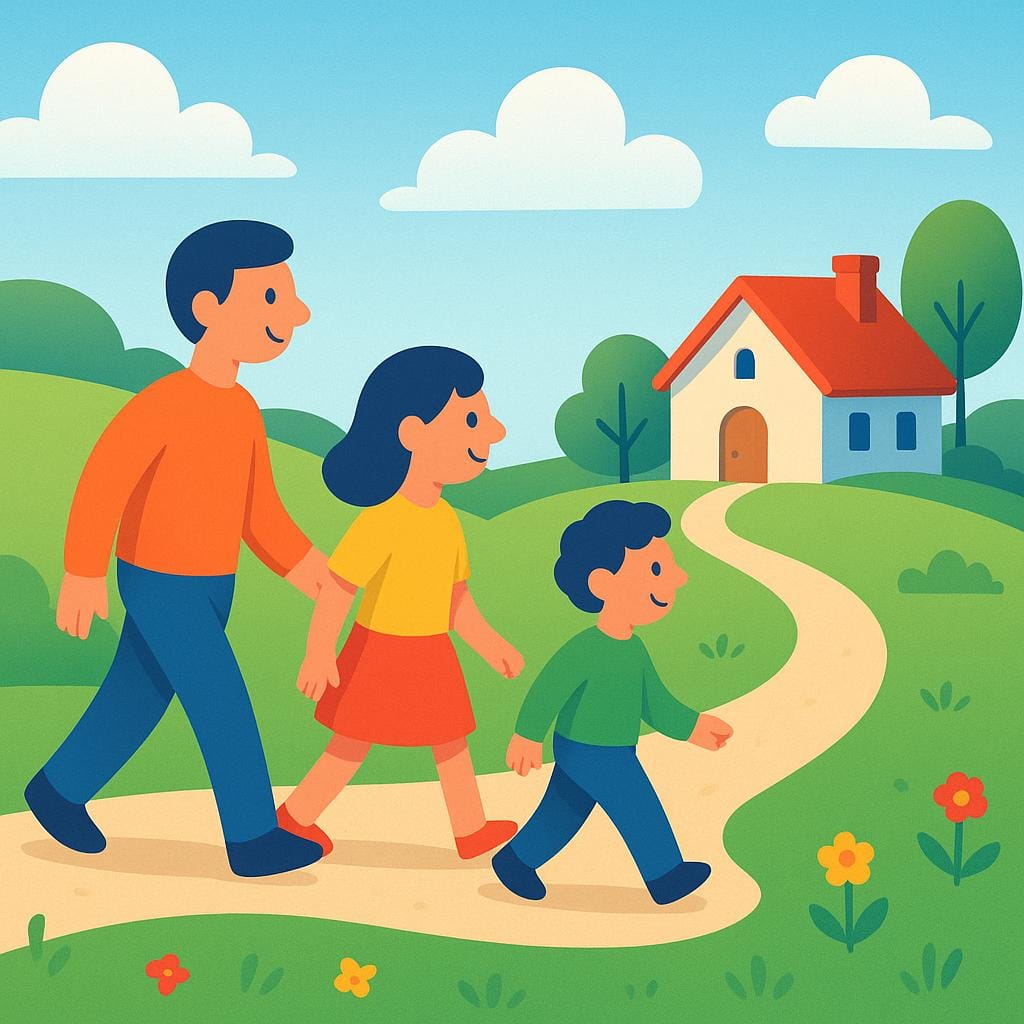 Une illustration simple et colorée montrant trois petites figures marchant le long d'un chemin vers un chalet confortable, symbolisant leur retour.