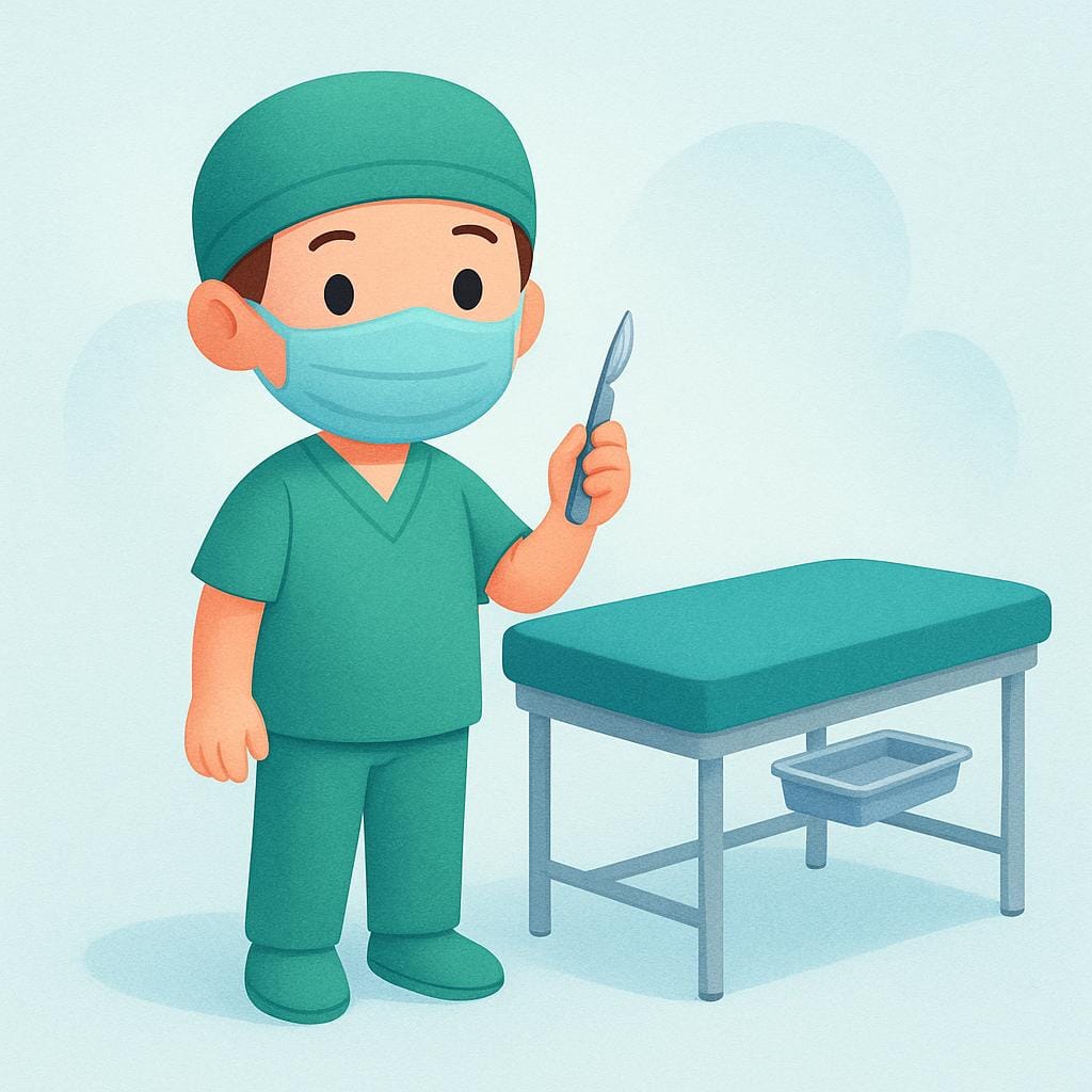 A cartoon surgeon in green scrubs and a mask holding a silver medical tool next to an operating table, representing surgery.