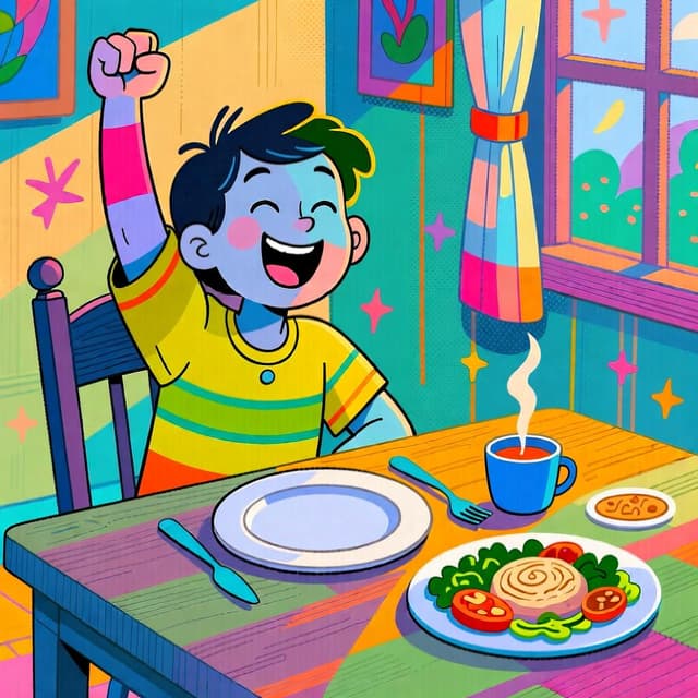 Een persoon die viert dat hij een maaltijd heeft afgerond, wat een voltooide actie in het verleden symboliseert.