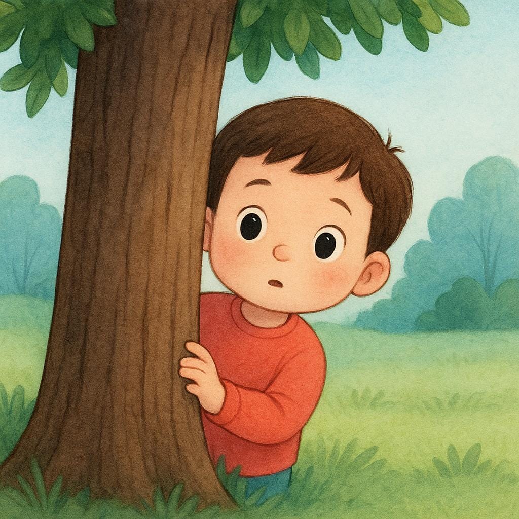A small, timid child partially hiding behind a large, sturdy tree trunk, looking reservedly toward the viewer.