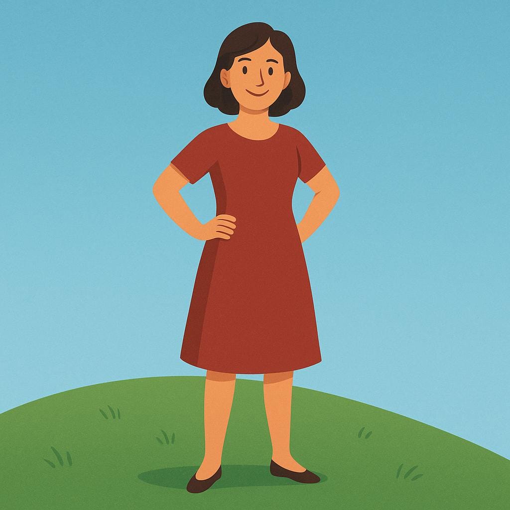 A colorful illustration of a single woman standing alone and smiling confidently on a small hill, symbolizing the unmarried state.