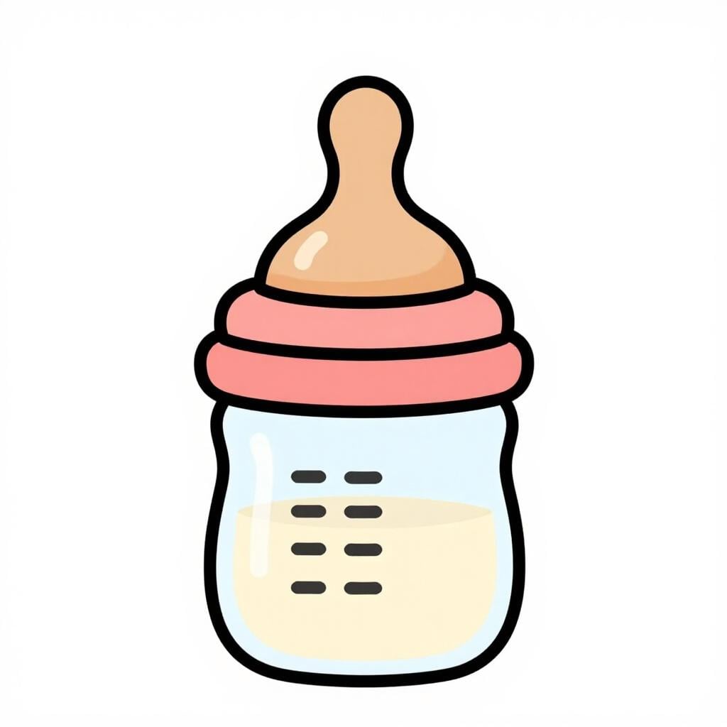 A close-up illustration of a baby bottle with a soft rubber nipple at the top.