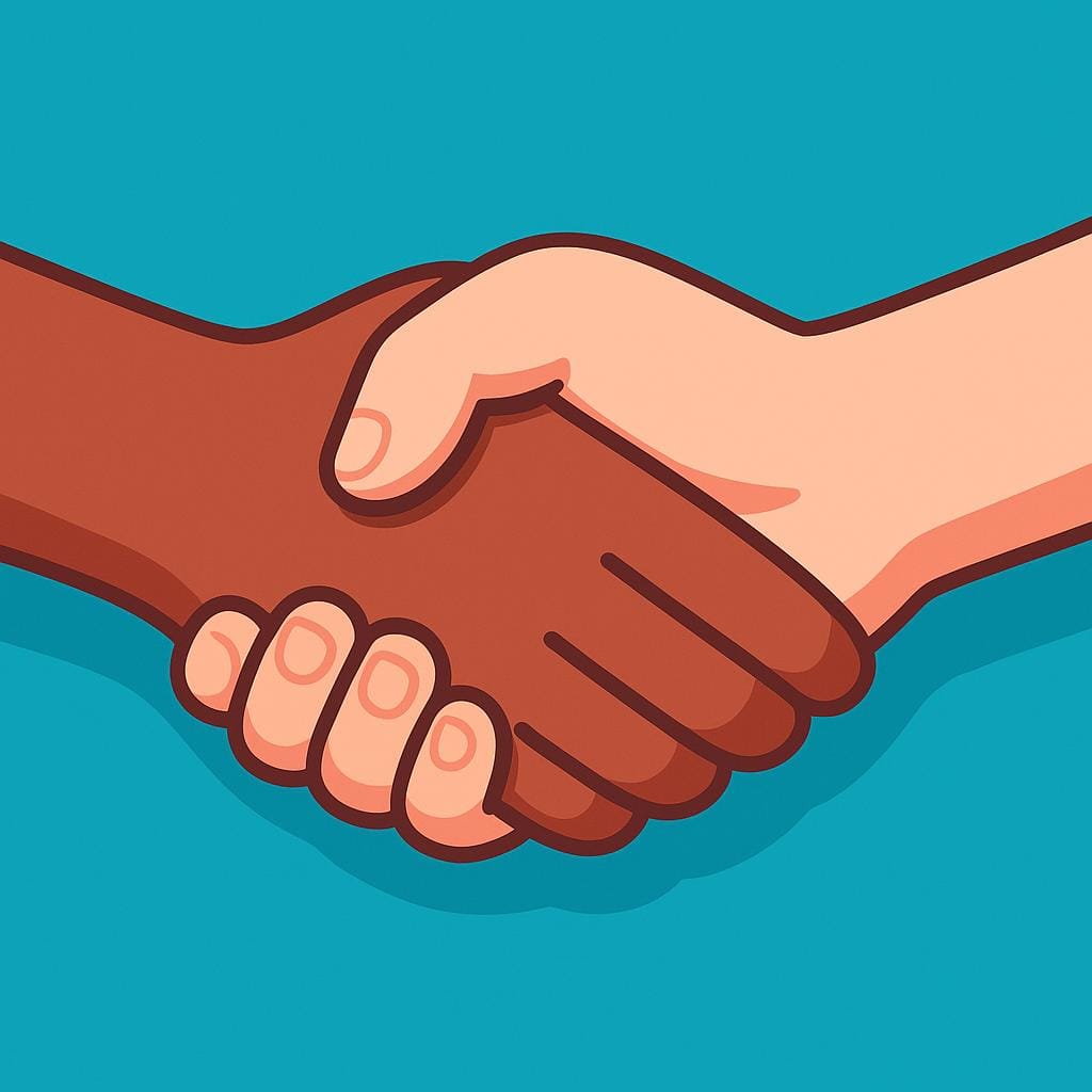 Two stylized hands firmly clasped in a handshake, symbolizing mutual agreement and confirmation.