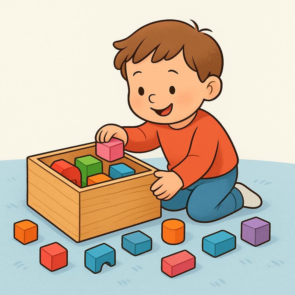 A friendly character is neatly placing scattered colorful toy blocks into a neat, organized wooden box.