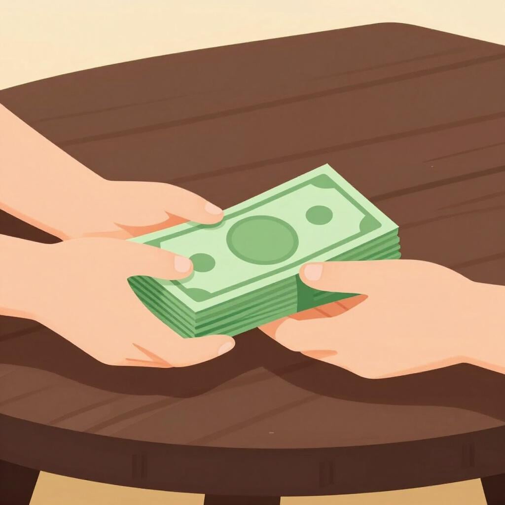 Une main passant secrètement une liasse de billets verts à une autre main sous une table en bois.