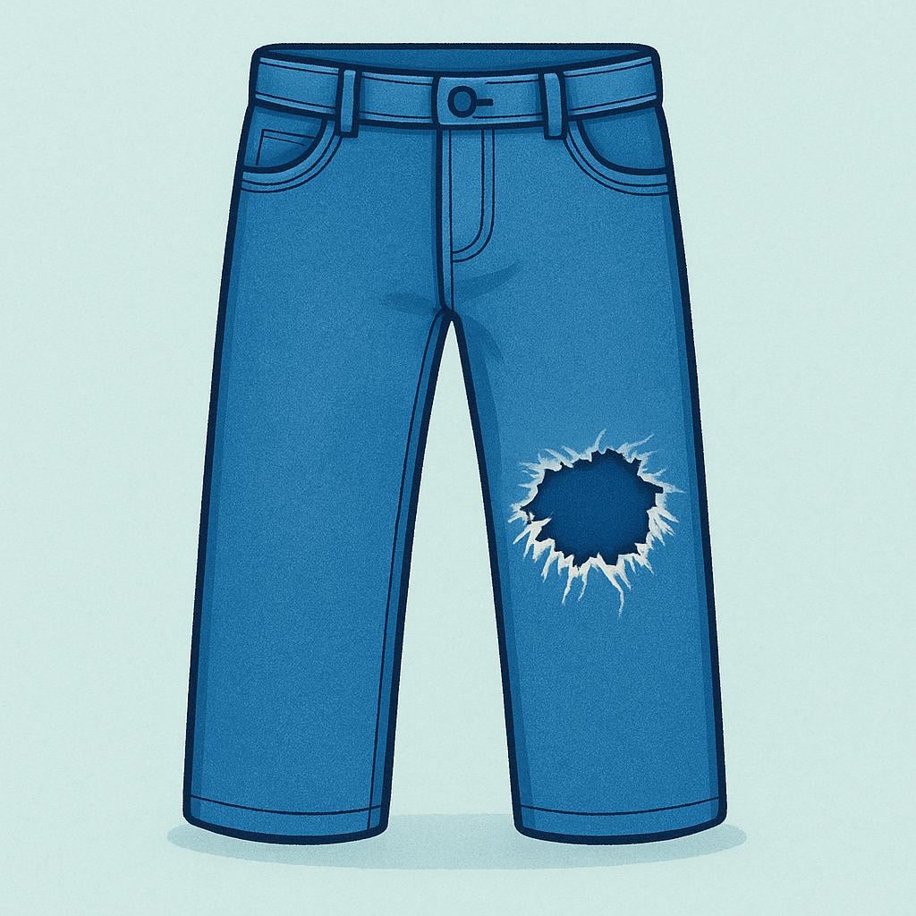 A pair of blue jeans with a large visible tear at the knee.